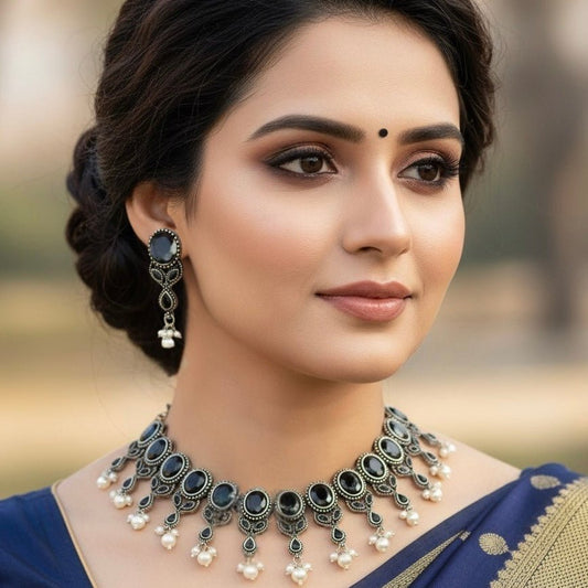 KALKI CRYSTAL NECKLACE SET-BLACK