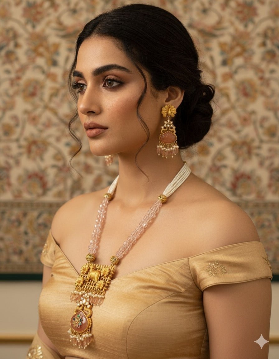 Kamadhenu Motif Temple Necklace Set – Rose Blush Beads & Antique Gold Fini