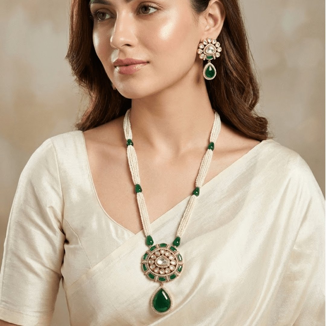 Kundan & Emerald Inspired Pearl Necklace Set