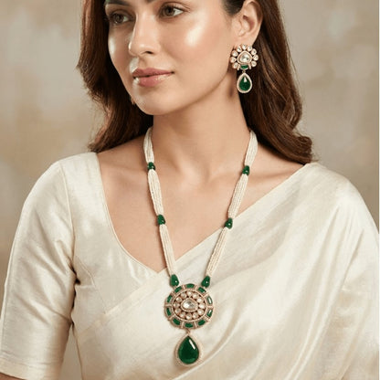 Kundan & Emerald Inspired Pearl Necklace Set
