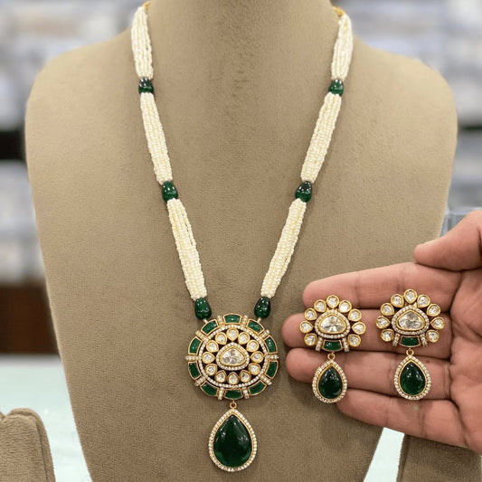 Kundan & Emerald Inspired Pearl Necklace Set