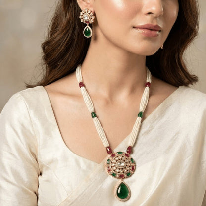 Kundan, Pearl & Emerald Inspired Gold Plated Necklace Set
