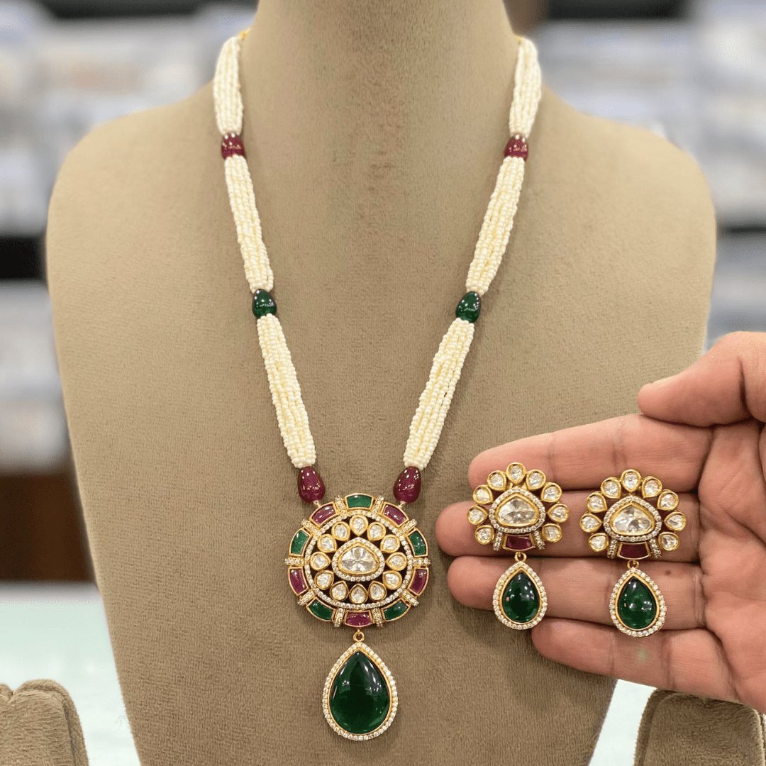 Kundan, Pearl & Emerald Inspired Gold Plated Necklace Set