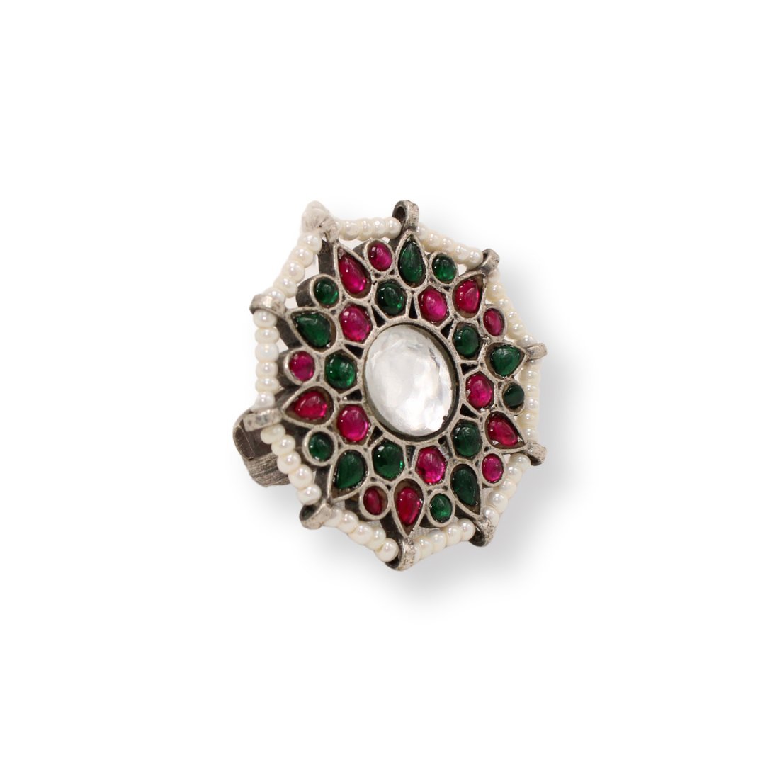 KUNDAN & PEARL ROUND RING - MAGENTA&GREEN