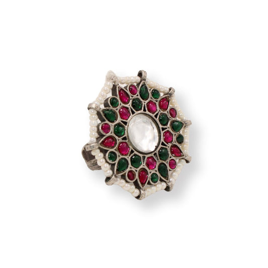 KUNDAN & PEARL ROUND RING - MAGENTA&GREEN