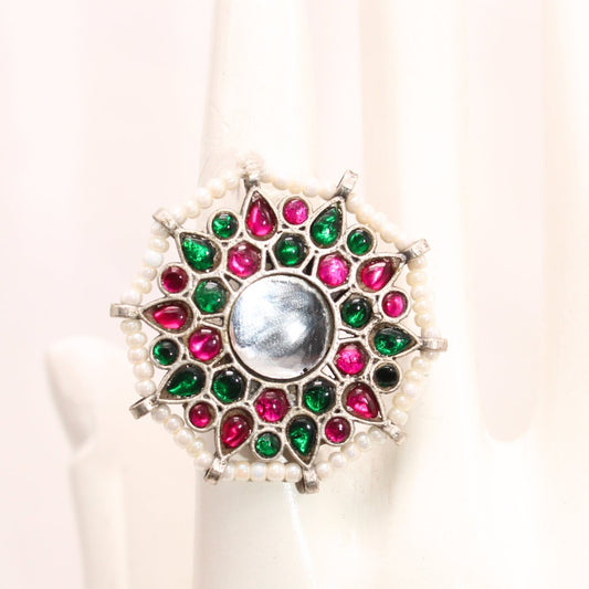 KUNDAN & PEARL ROUND RING - MAGENTA&GREEN