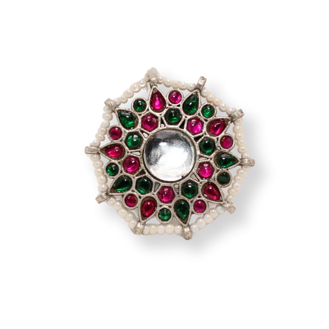 KUNDAN & PEARL ROUND RING - MAGENTA&GREEN