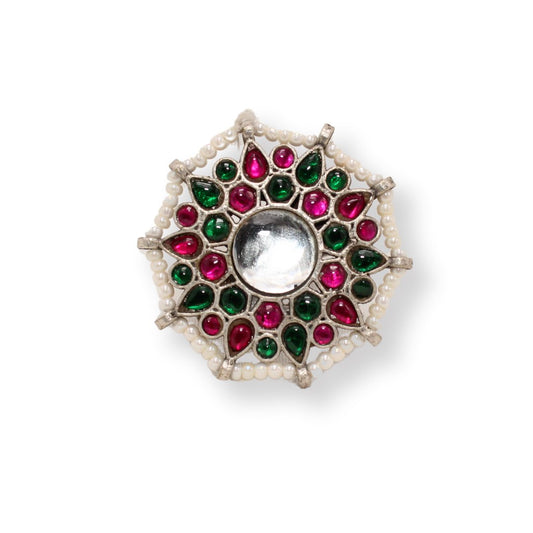 KUNDAN & PEARL ROUND RING - MAGENTA&GREEN