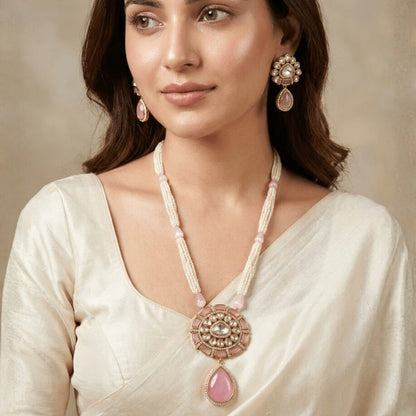 Kundan & Pink Stone Pendant Necklace Set - Navraee