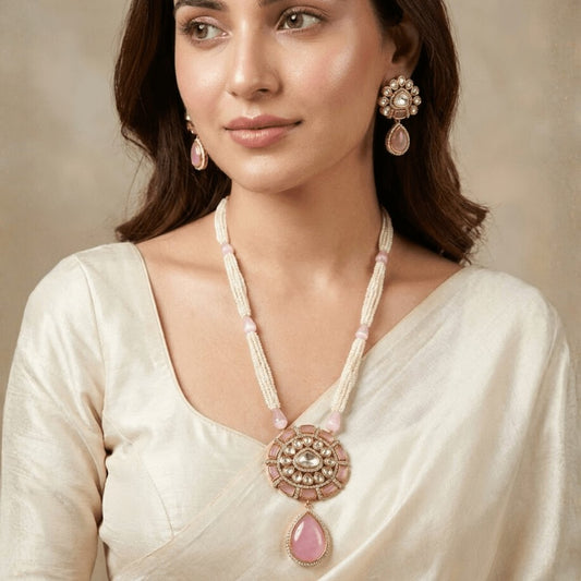 Kundan & Pink Stone Pendant Necklace Set - Navraee