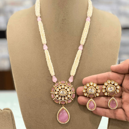 Kundan & Pink Stone Pendant Necklace Set - Navraee