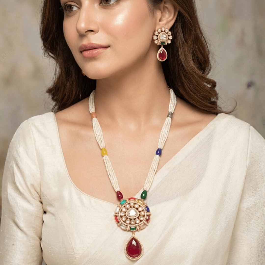 Kundan & Ruby Pear Drop Necklace Set - Navraee