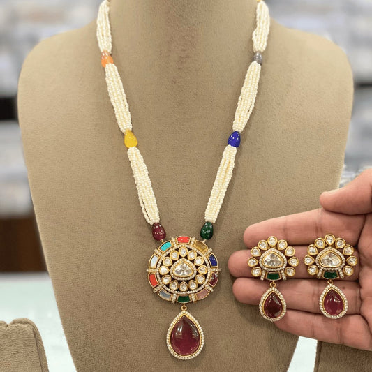 Kundan & Ruby Pear Drop Necklace Set - Navraee