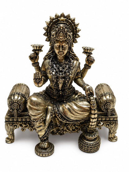 Goddess Lakshmi brass idol on ornate throne – front view