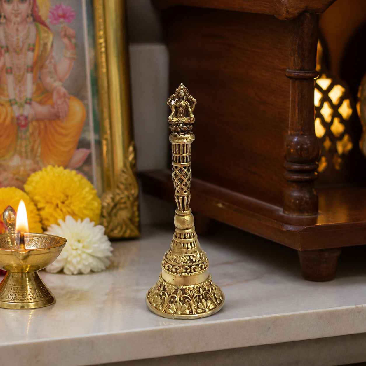 lakshmi finial pooja bell realistic placement