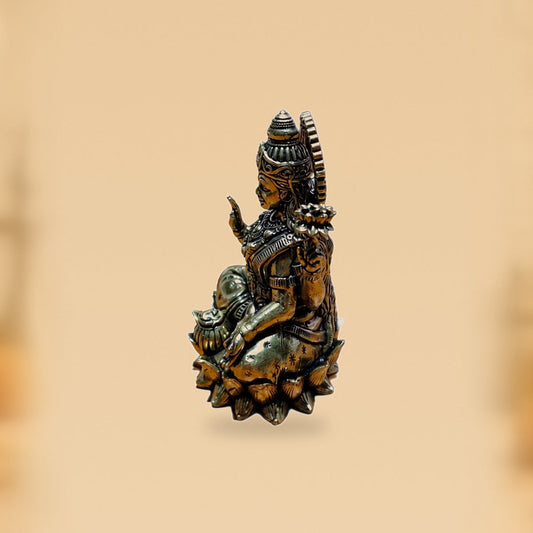 Goddess Lakshmi Brass Idol on Lotus — side view on clean hero-derived studio background