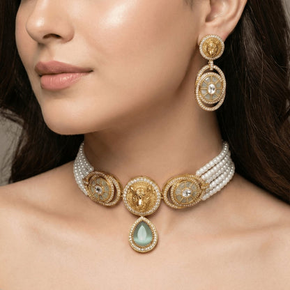 Lion Motif Kundan & Pearl Choker Set with Earrings