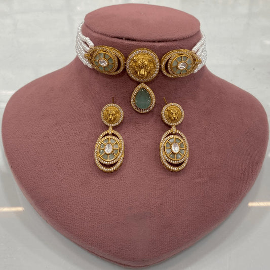 Lion Motif Kundan & Pearl Choker Set with Earrings