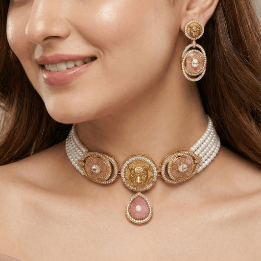 Lion Motif Pearl Choker Set Inspired by Sabyasachi
