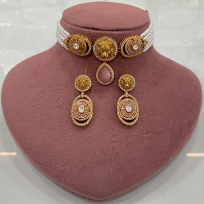 Lion Motif Pearl Choker Set Inspired by Sabyasachi