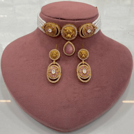 Lion Motif Pearl Choker Set Inspired by Sabyasachi