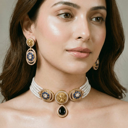 Lion Motif Pearl & Sapphire Inspired Jewellery Set