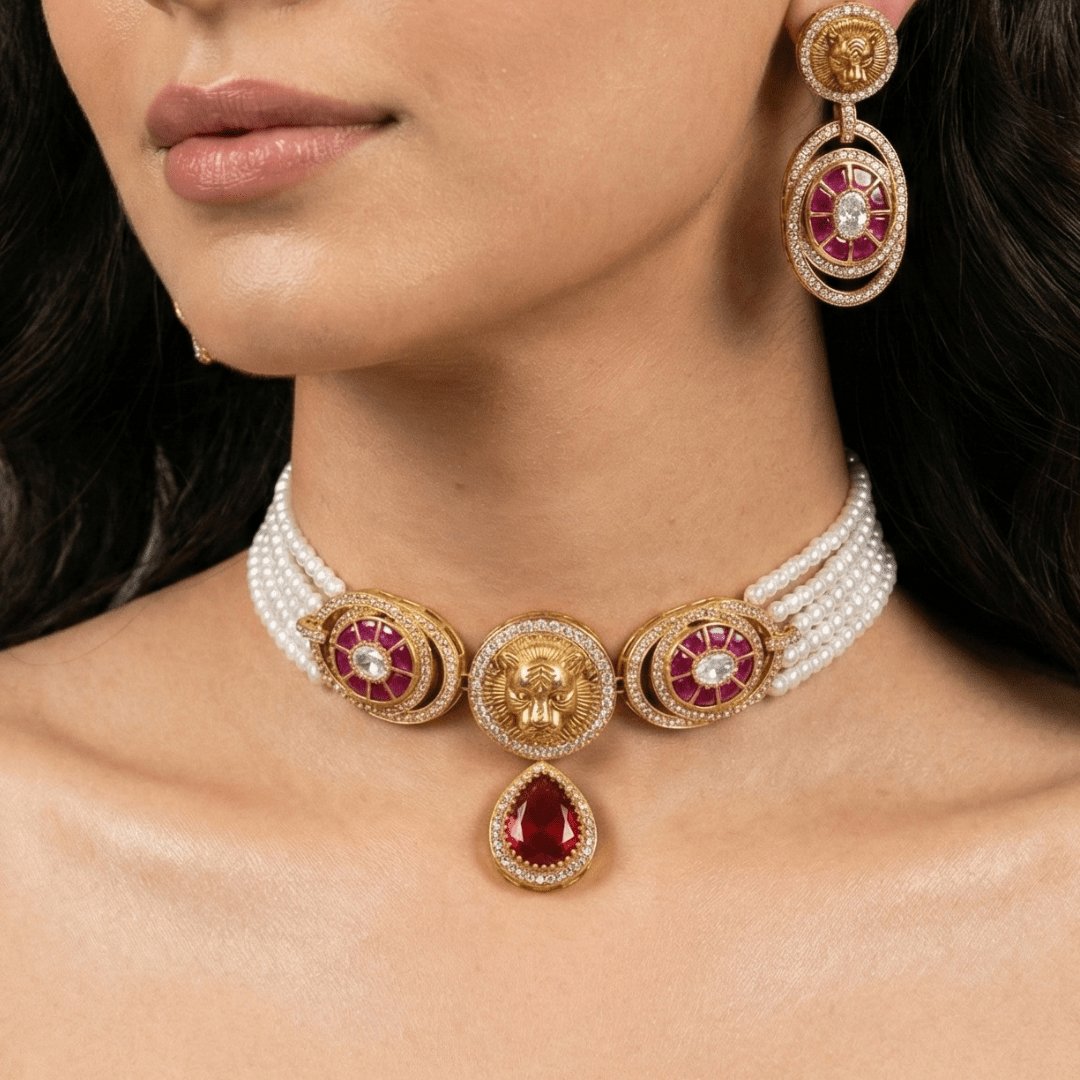 Lion Motif Ruby & Pearl Gold-Plated Jewellery Set