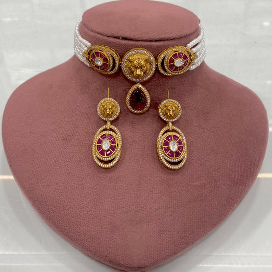 Lion Motif Ruby & Pearl Gold-Plated Jewellery Set