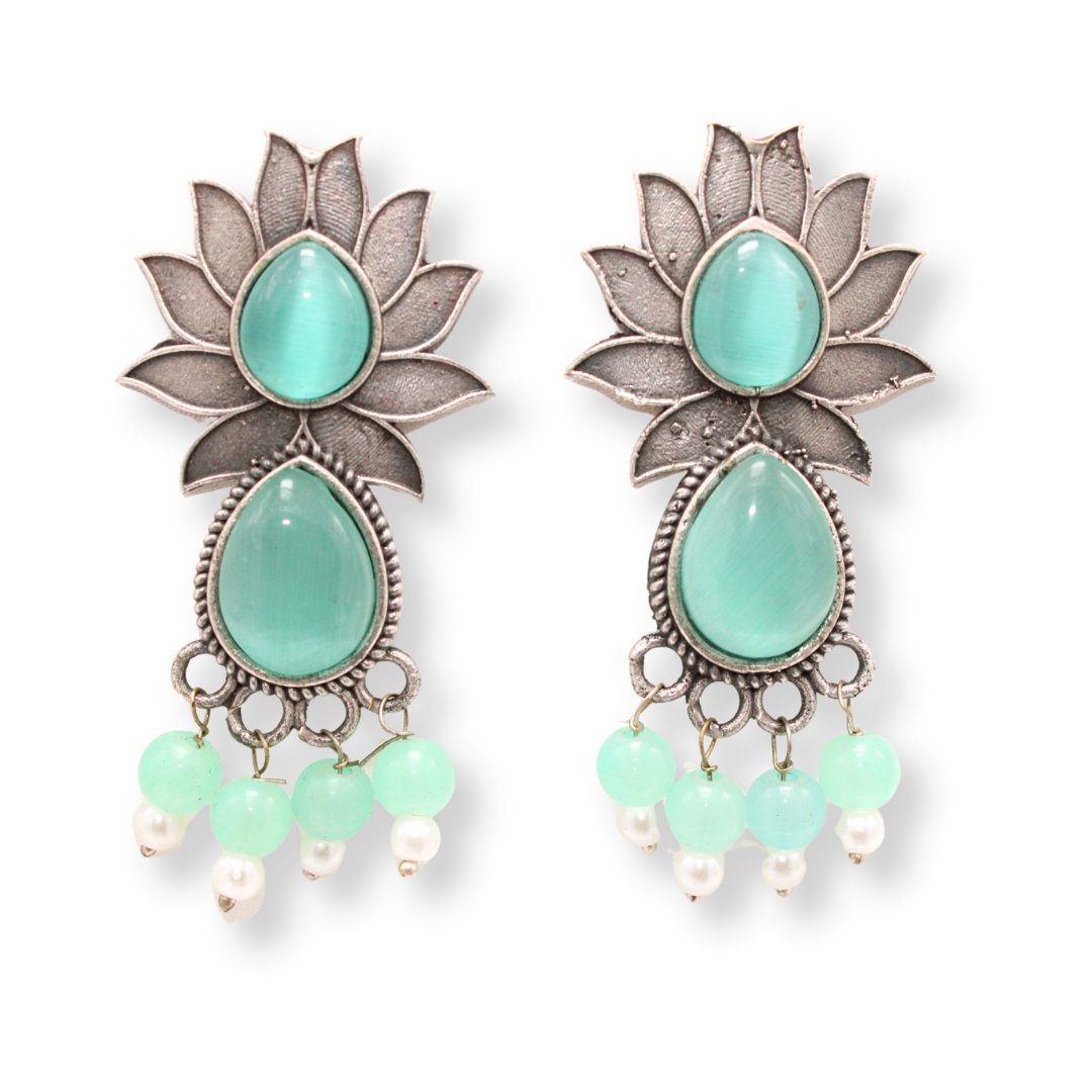 LOTUS FLOWER WITH TEAR DROP STONE EARRING-TURQUOISE