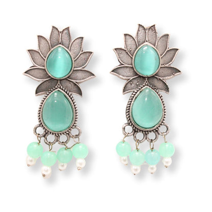 LOTUS FLOWER WITH TEAR DROP STONE EARRING-TURQUOISE