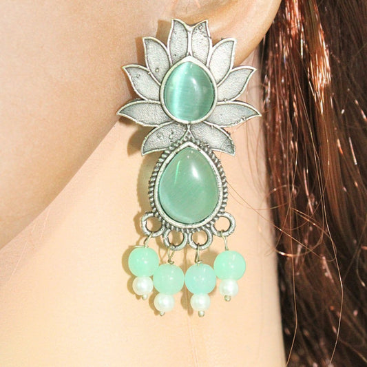 LOTUS FLOWER WITH TEAR DROP STONE EARRING-TURQUOISE