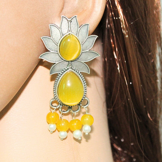 LOTUS FLOWER WITH TEAR DROP STONE EARRING - YELLOW