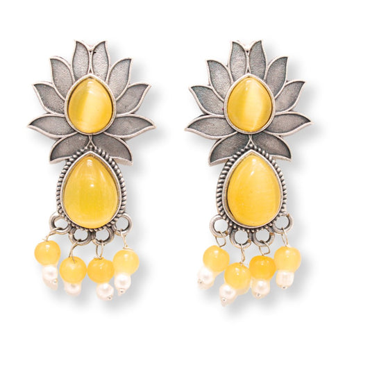 LOTUS FLOWER WITH TEAR DROP STONE EARRING - YELLOW