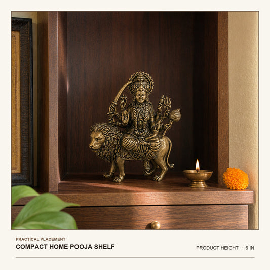 Maa Durga Brass Idol on Lion shown at its 6-inch height on a compact home pooja shelf
