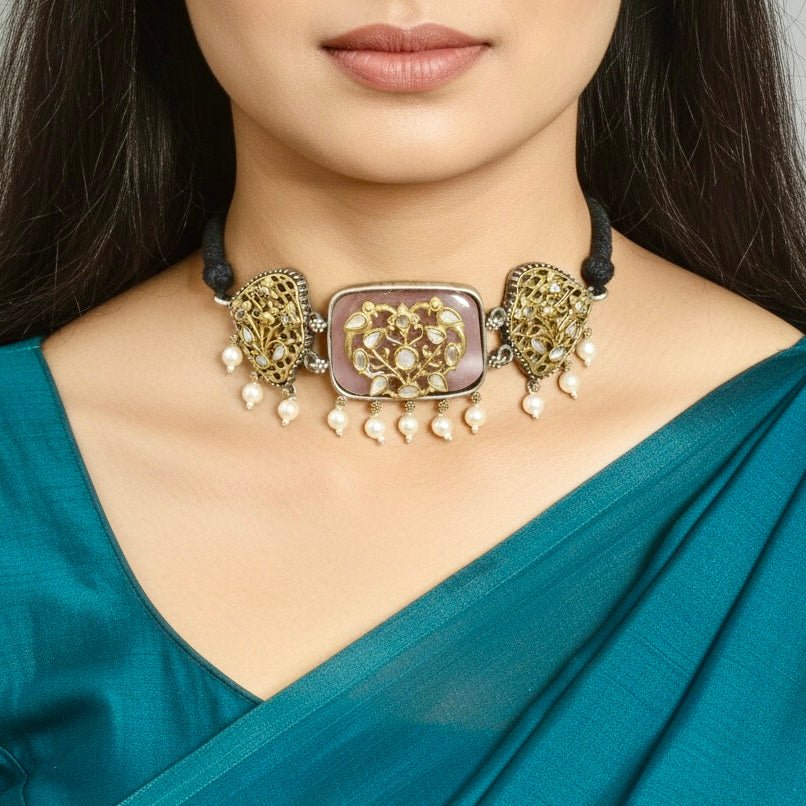 Mauve Pink Enamel Choker Set with Birdcage Pearl Jhumka Earrings