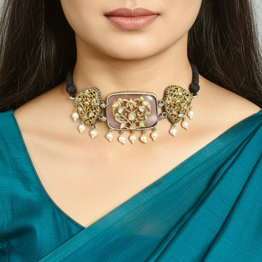 Mauve Pink Enamel Choker Set with Birdcage Pearl Jhumka Earrings