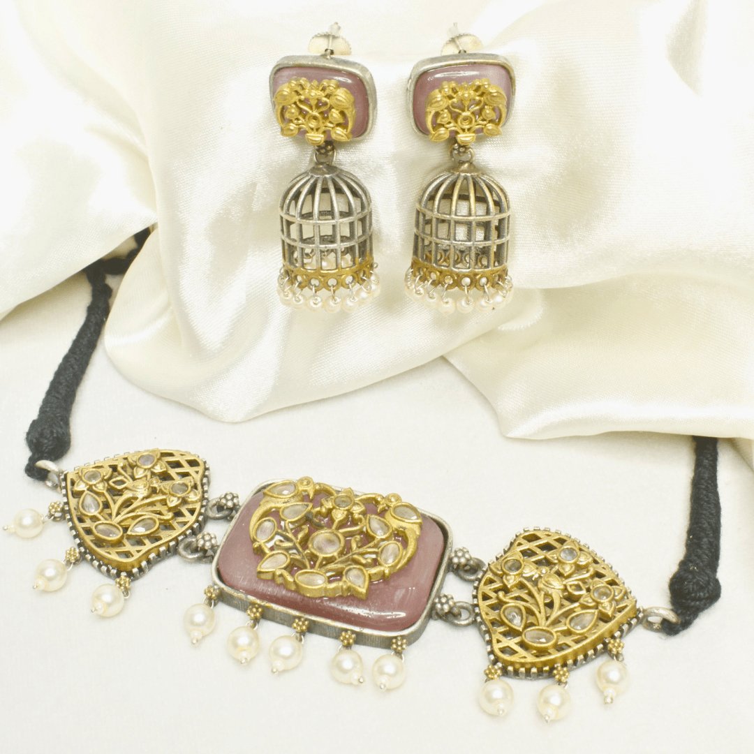 Mauve Pink Enamel Choker Set with Birdcage Pearl Jhumka Earrings