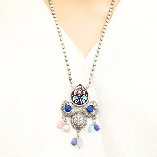 MEENAKARI AND STONE PENDANT SET - BLUE