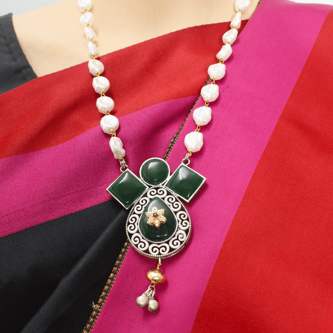 MEENAKARI DARK GREEN STONE PENDANT SET WITH PEARLS – ETHNIC HANDCRAFTED JEWELRY