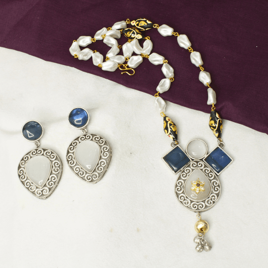 MEENAKARI DUAL - TONE BLUE & WHITE NECKLACE SET WITH PEARLS – HANDCRAFTED ETHNIC JEWELRY