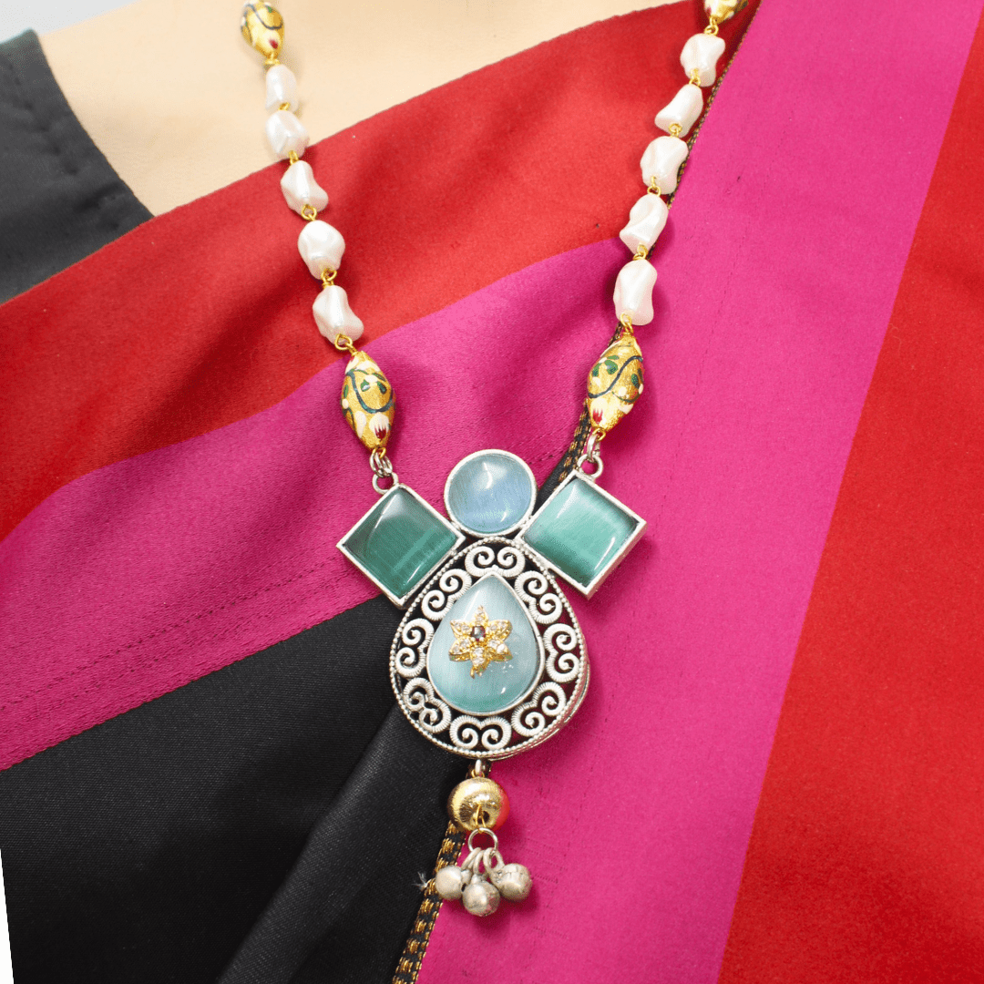 MEENAKARI MINT GREEN STONE NECKLACE SET WITH PEARLS – ETHNIC HANDCRAFTED JEWELRY