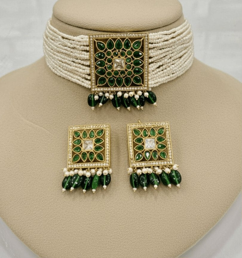 Mehreen Kundan Pearl Choker Set – Emerald Editi
