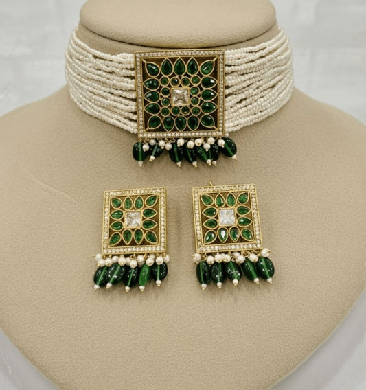 Mehreen Kundan Pearl Choker Set – Emerald Editi