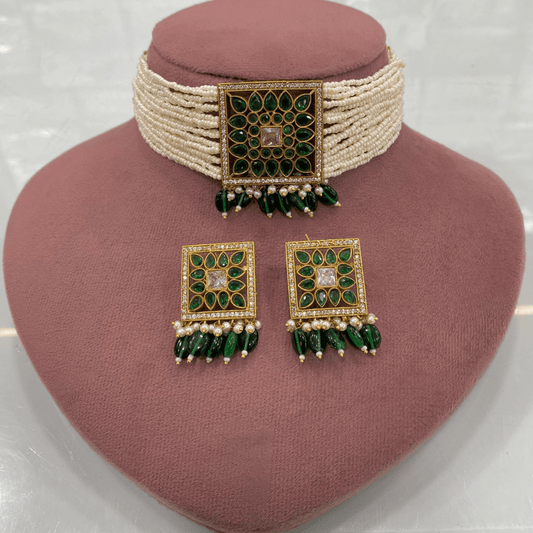 Mehreen Kundan Pearl Choker Set – Emerald Editi