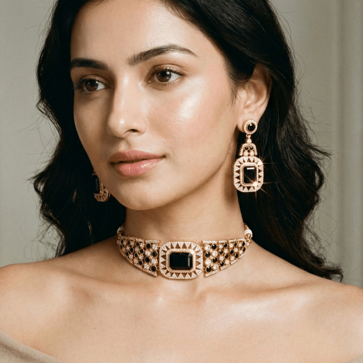 Midnight Onyx Choker Necklace Set – Handcrafted Gold-Plated Bridal Jewellery