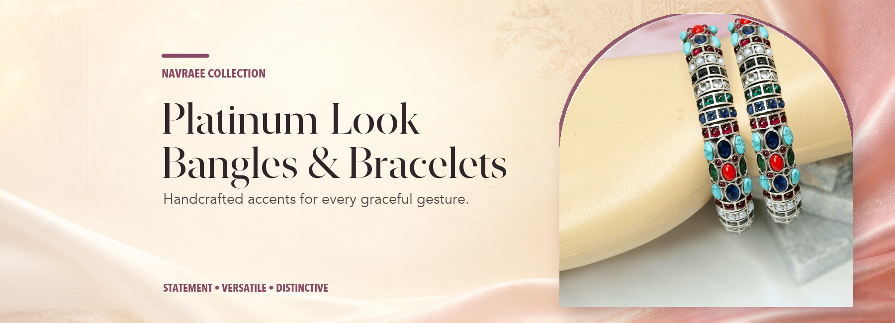 Platinum-Look Bangles & Bracelets collection header banner featuring Navratan Nagina Bangles-Silver Finish-Set Of 2