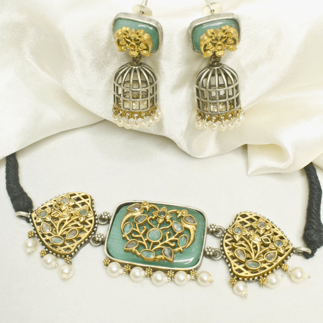 Mint Green Enamel Choker Set with Birdcage Pearl Jhumka Earrings