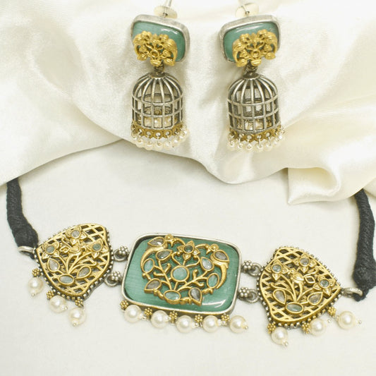 Mint Green Enamel Choker Set with Birdcage Pearl Jhumka Earrings