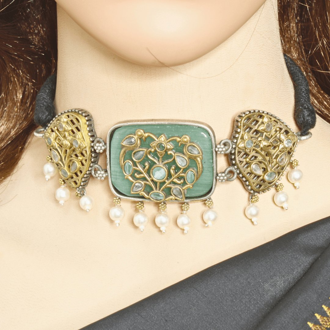 Mint Green Enamel Choker Set with Birdcage Pearl Jhumka Earrings