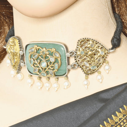 Mint Green Enamel Choker Set with Birdcage Pearl Jhumka Earrings